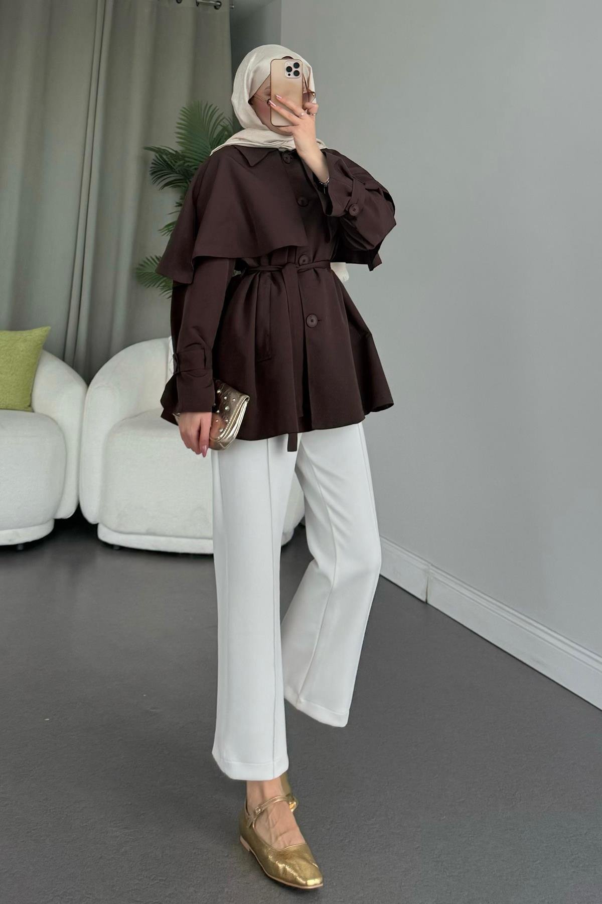 Sisu Pelerin Detaylı Ceket Kahve, Fiyatları Haza Moda | Tesettür Giyim | Sisu Pelerin Detaylı Ceket Kahve