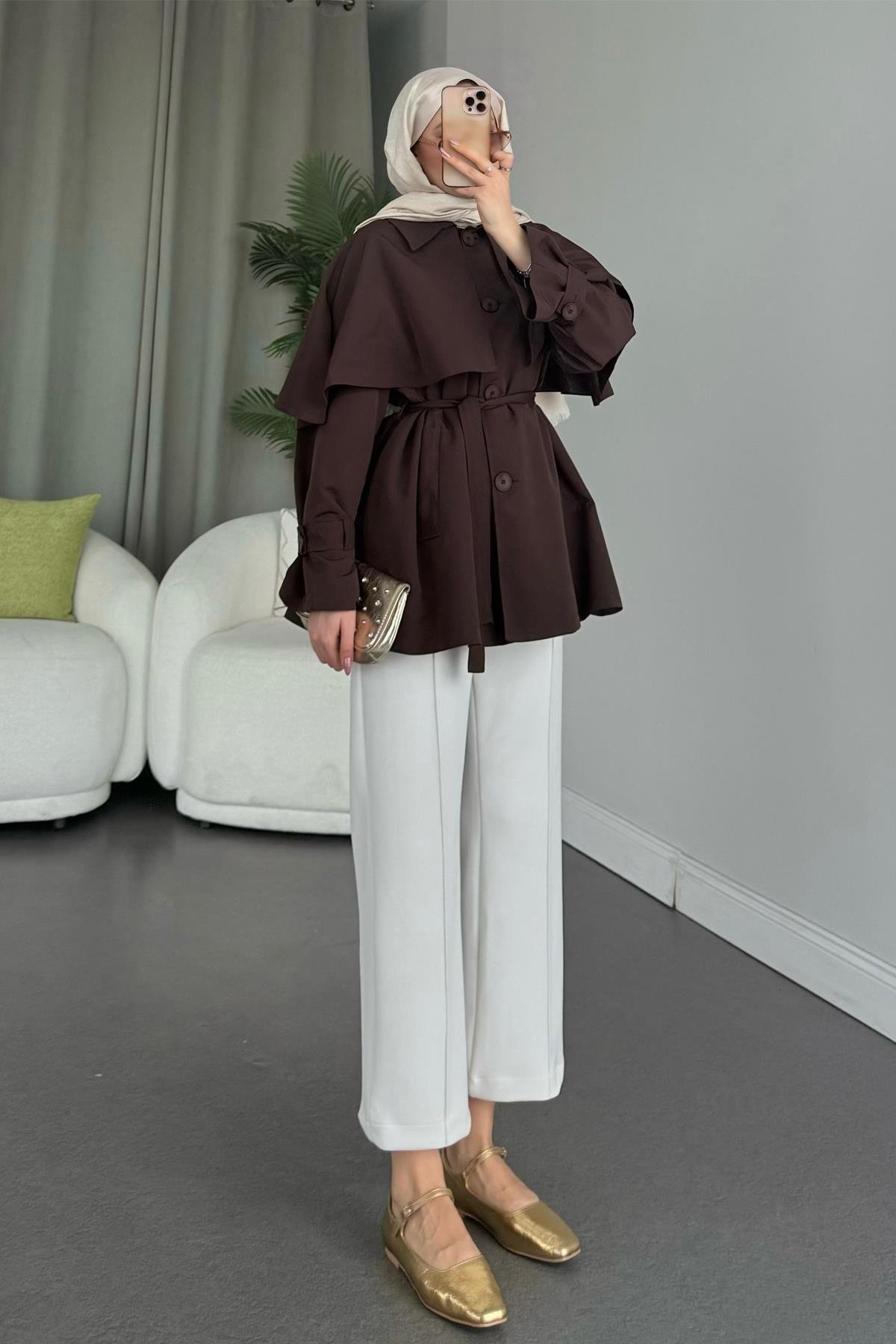 Sisu Pelerin Detaylı Ceket Kahve, Fiyatları Haza Moda | Tesettür Giyim | Sisu Pelerin Detaylı Ceket Kahve