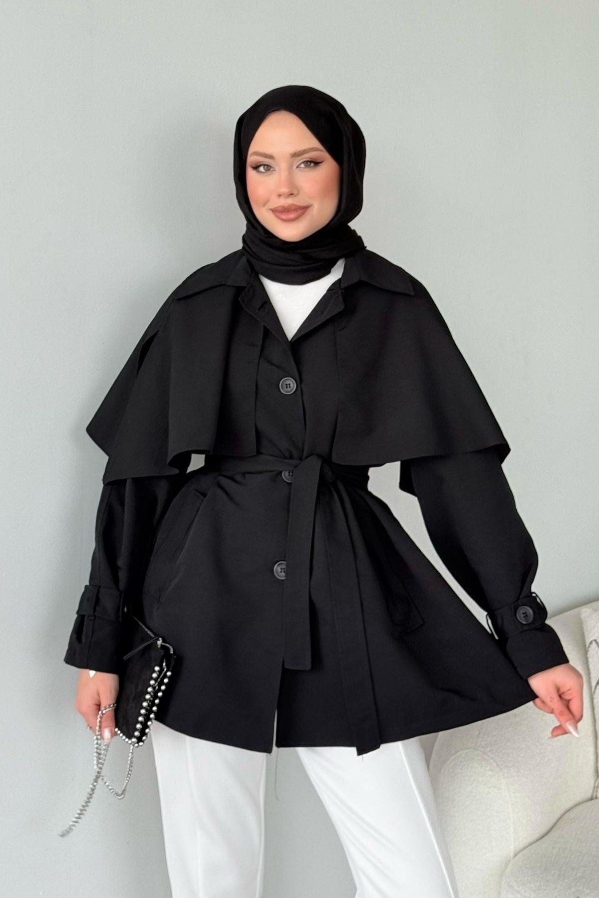 Sisu Pelerin Detaylı Ceket Siyah, Fiyatları Haza Moda | Tesettür Giyim | Sisu Pelerin Detaylı Ceket Siyah