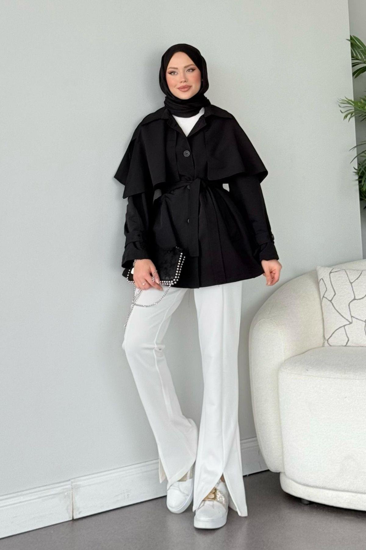 Sisu Pelerin Detaylı Ceket Siyah, Fiyatları Haza Moda | Tesettür Giyim | Sisu Pelerin Detaylı Ceket Siyah