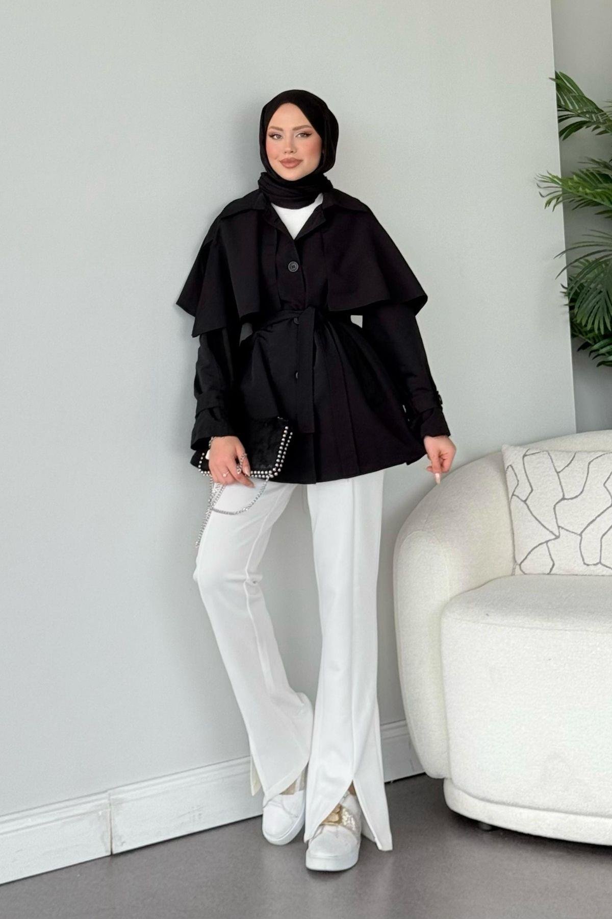 Sisu Pelerin Detaylı Ceket Siyah, Fiyatları Haza Moda | Tesettür Giyim | Sisu Pelerin Detaylı Ceket Siyah