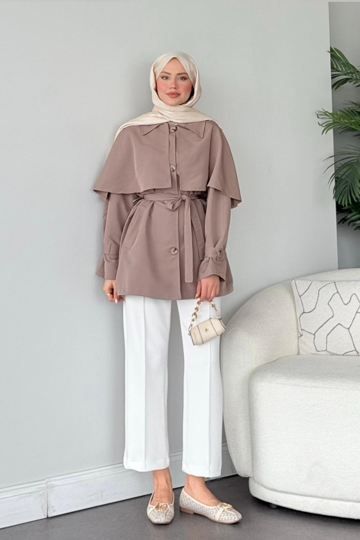 Sisu Pelerin Detaylı Ceket Vizon, Fiyatları Haza Moda | Tesettür Giyim | Sisu Pelerin Detaylı Ceket Vizon