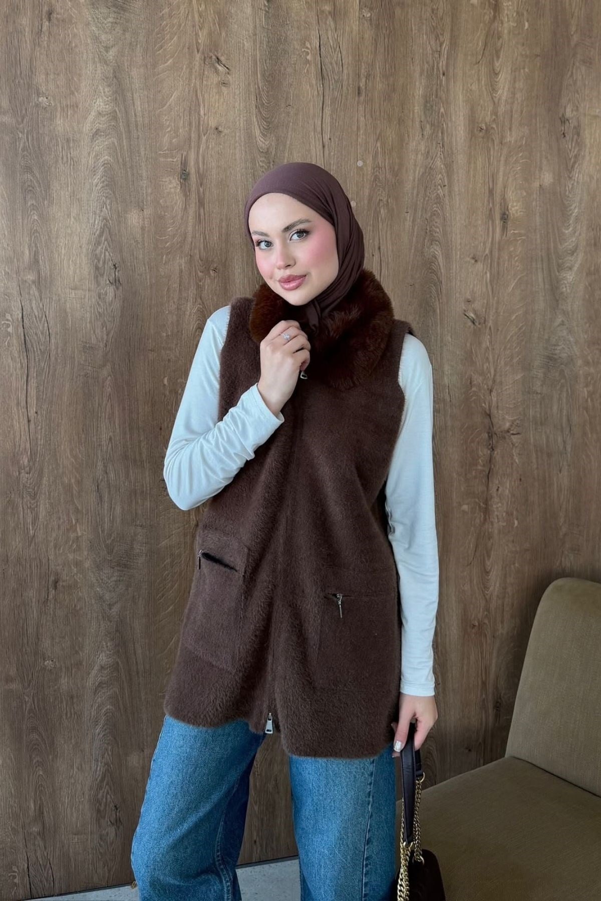 Soft Yakası Kürklü Yelek Kahve, Fiyatları 