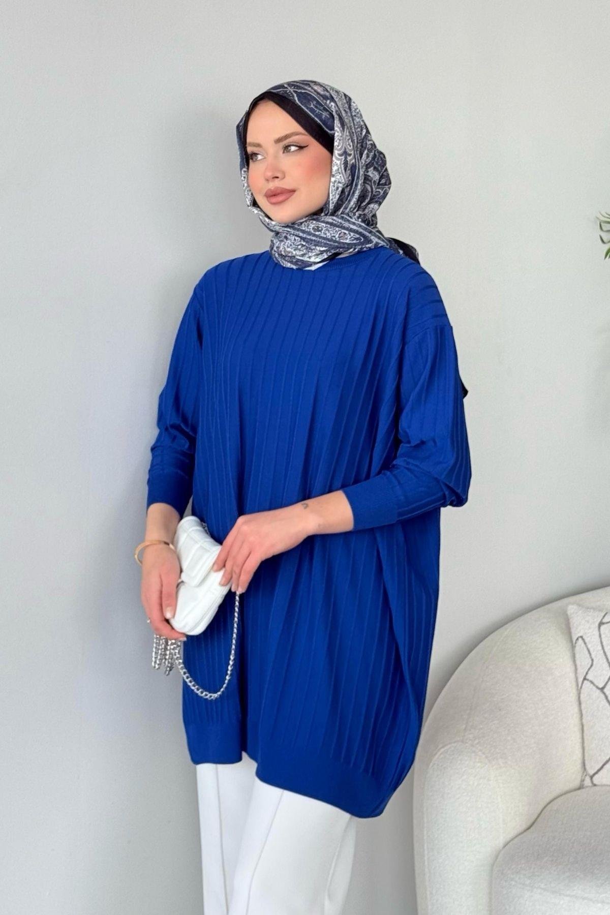 Soğuk İplik Tunik Saks, Fiyatları Soğuk İplik Tunik Saks - Haza Moda 