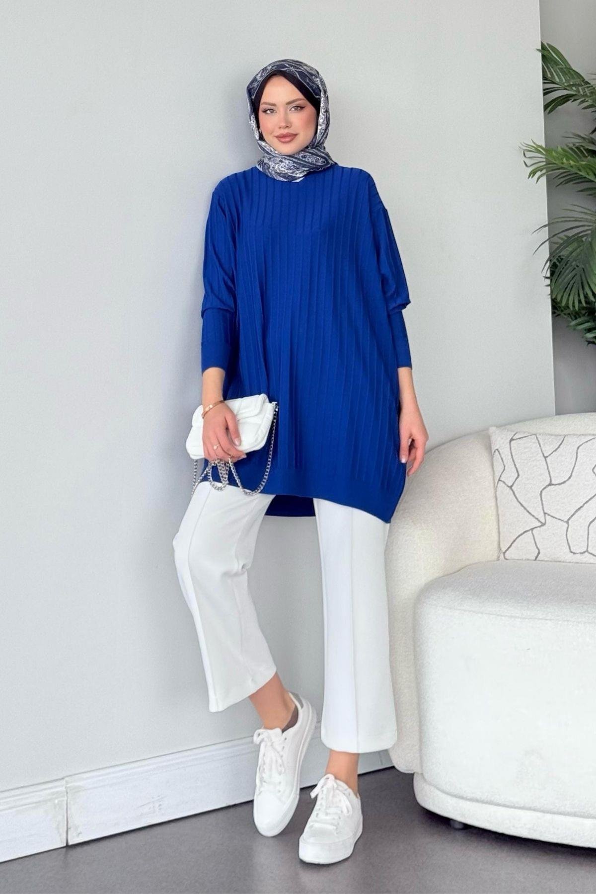 Soğuk İplik Tunik Saks, Fiyatları Soğuk İplik Tunik Saks - Haza Moda 