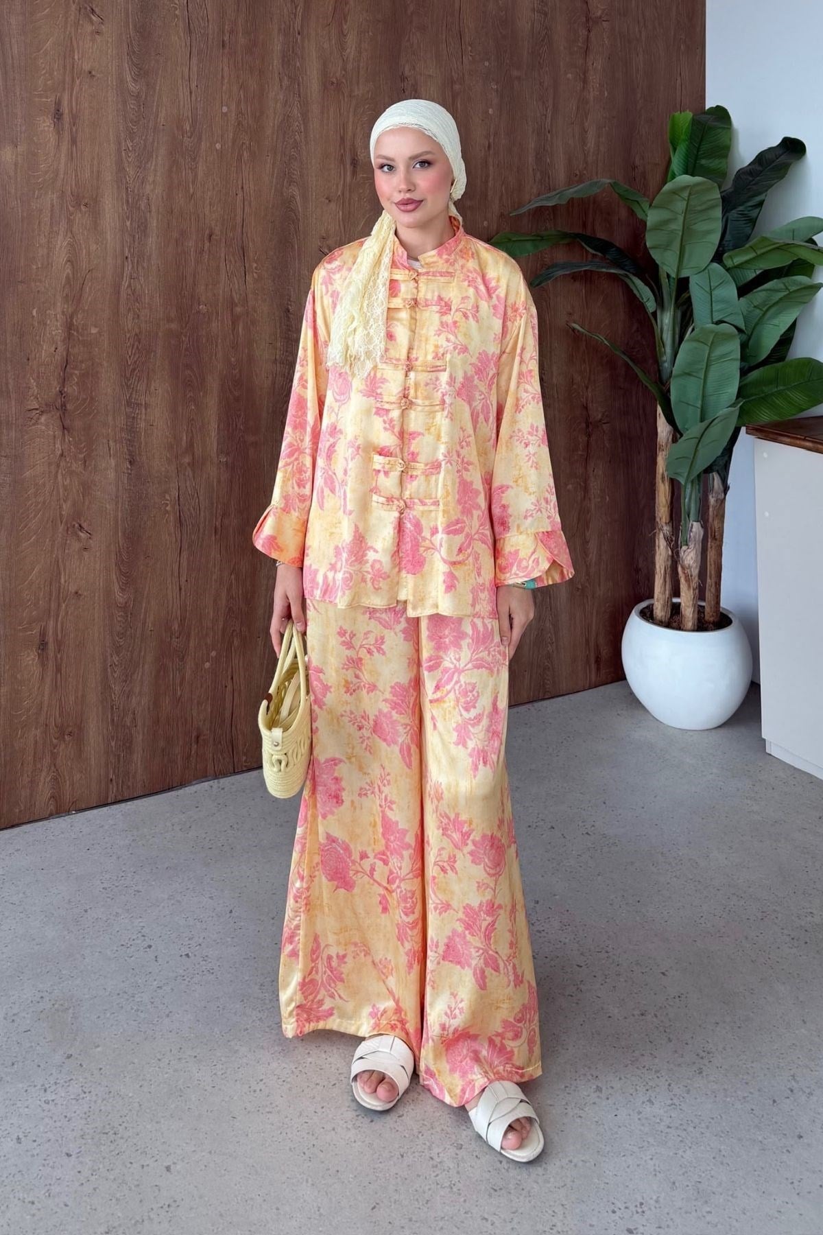 Sophia Saten Baskılı Mandarin Takım Sarı, Fiyatları 