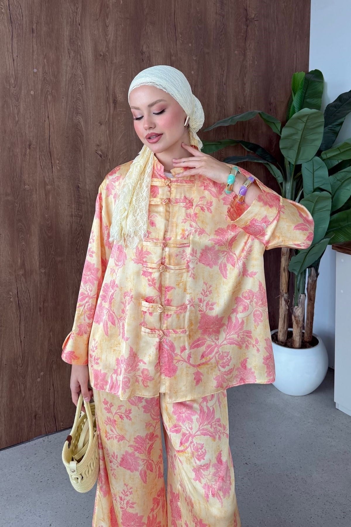 Sophia Saten Baskılı Mandarin Takım Sarı, Fiyatları 