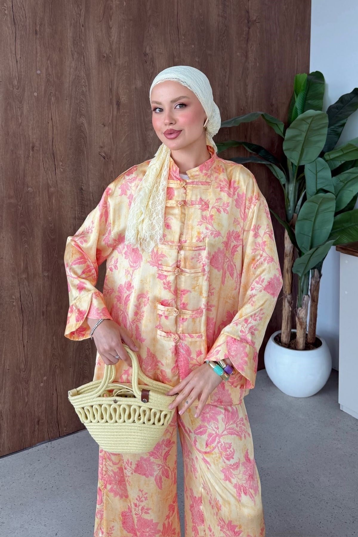 Sophia Saten Baskılı Mandarin Takım Sarı, Fiyatları 