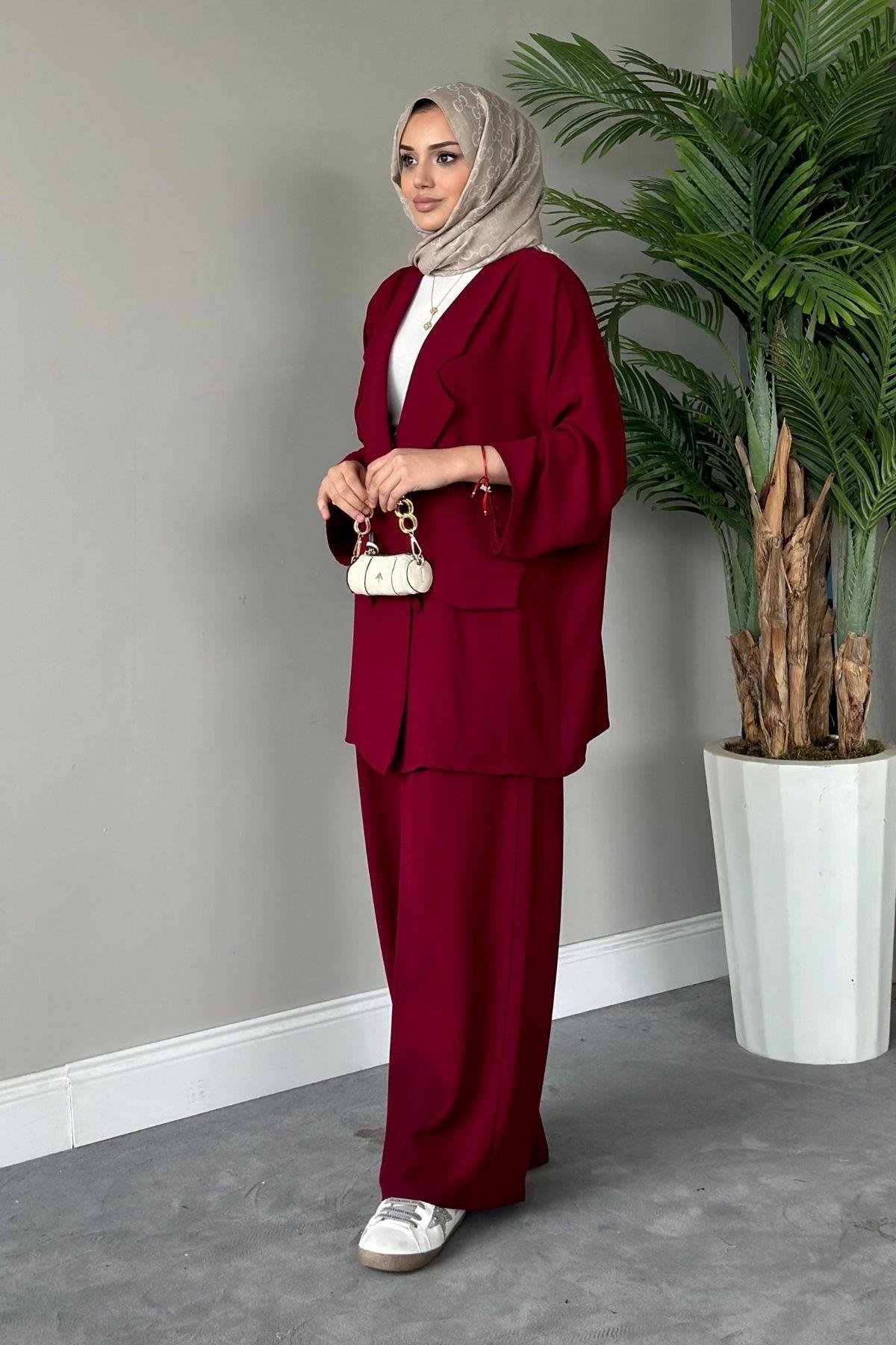 Stil Ceketli Takım Bordo, Fiyatları Haza Moda | Tesettür Giyim | Stil Ceketli Takım Bordo