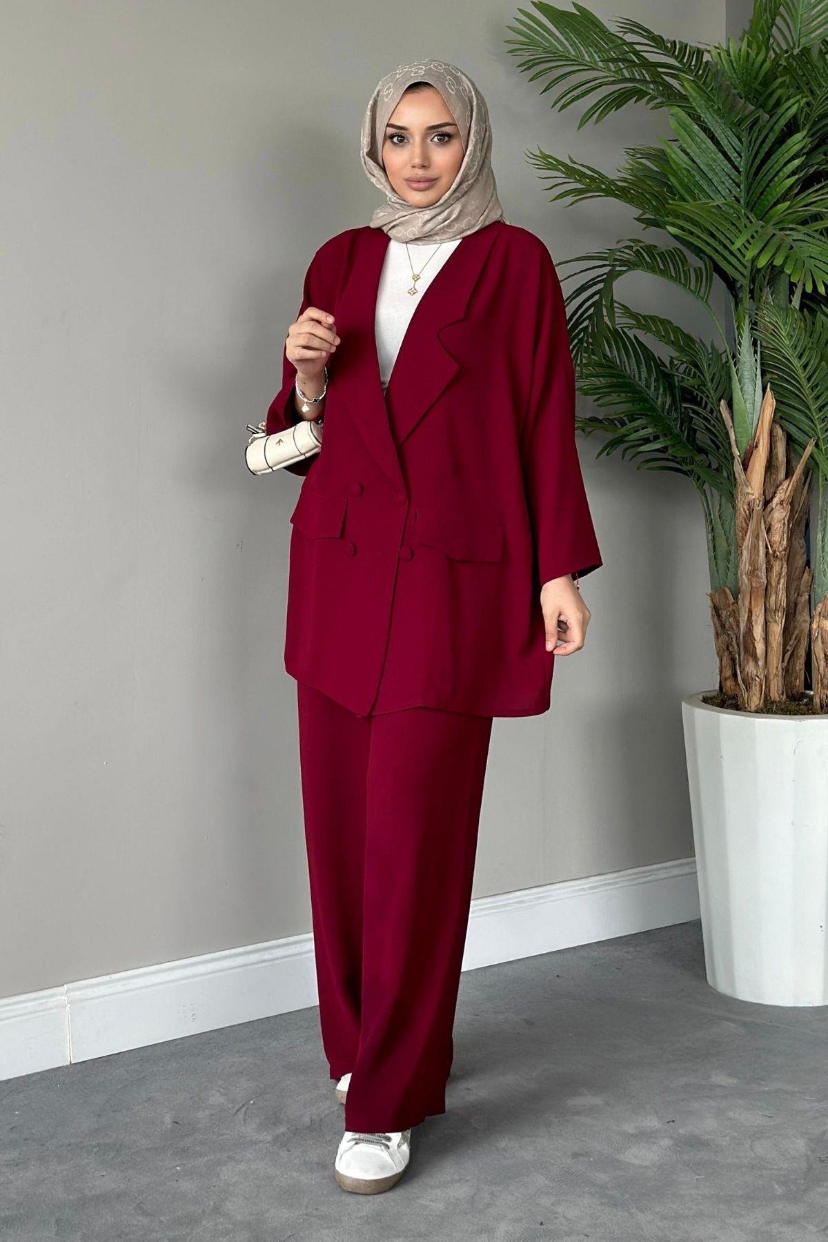 Stil Ceketli Takım Bordo, Fiyatları Haza Moda | Tesettür Giyim | Stil Ceketli Takım Bordo
