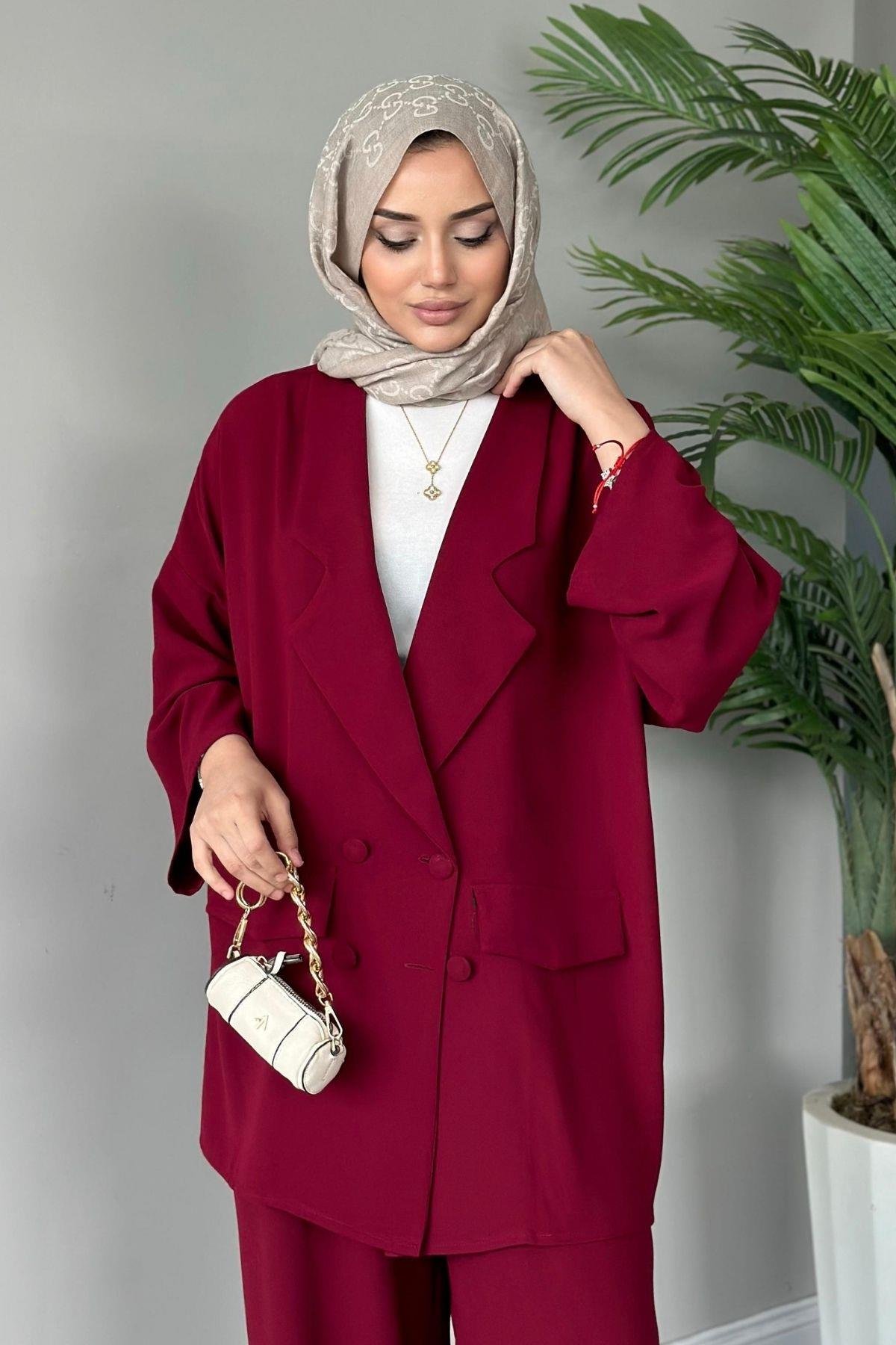 Stil Ceketli Takım Bordo, Fiyatları Haza Moda | Tesettür Giyim | Stil Ceketli Takım Bordo