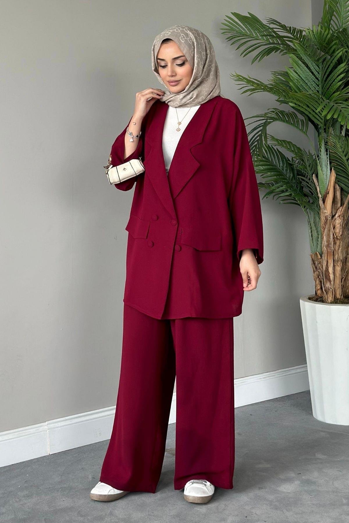 Stil Ceketli Takım Bordo, Fiyatları Haza Moda | Tesettür Giyim | Stil Ceketli Takım Bordo