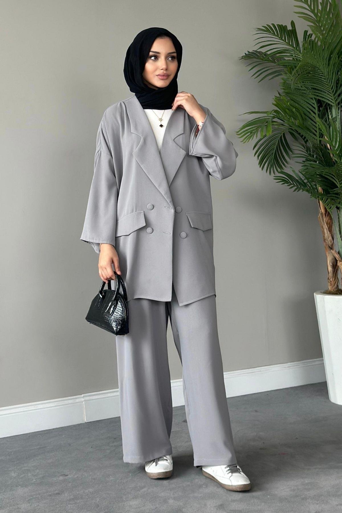 Stil Ceketli Takım Gri, Fiyatları Haza Moda | Tesettür Giyim | Stil Ceketli Takım Gri