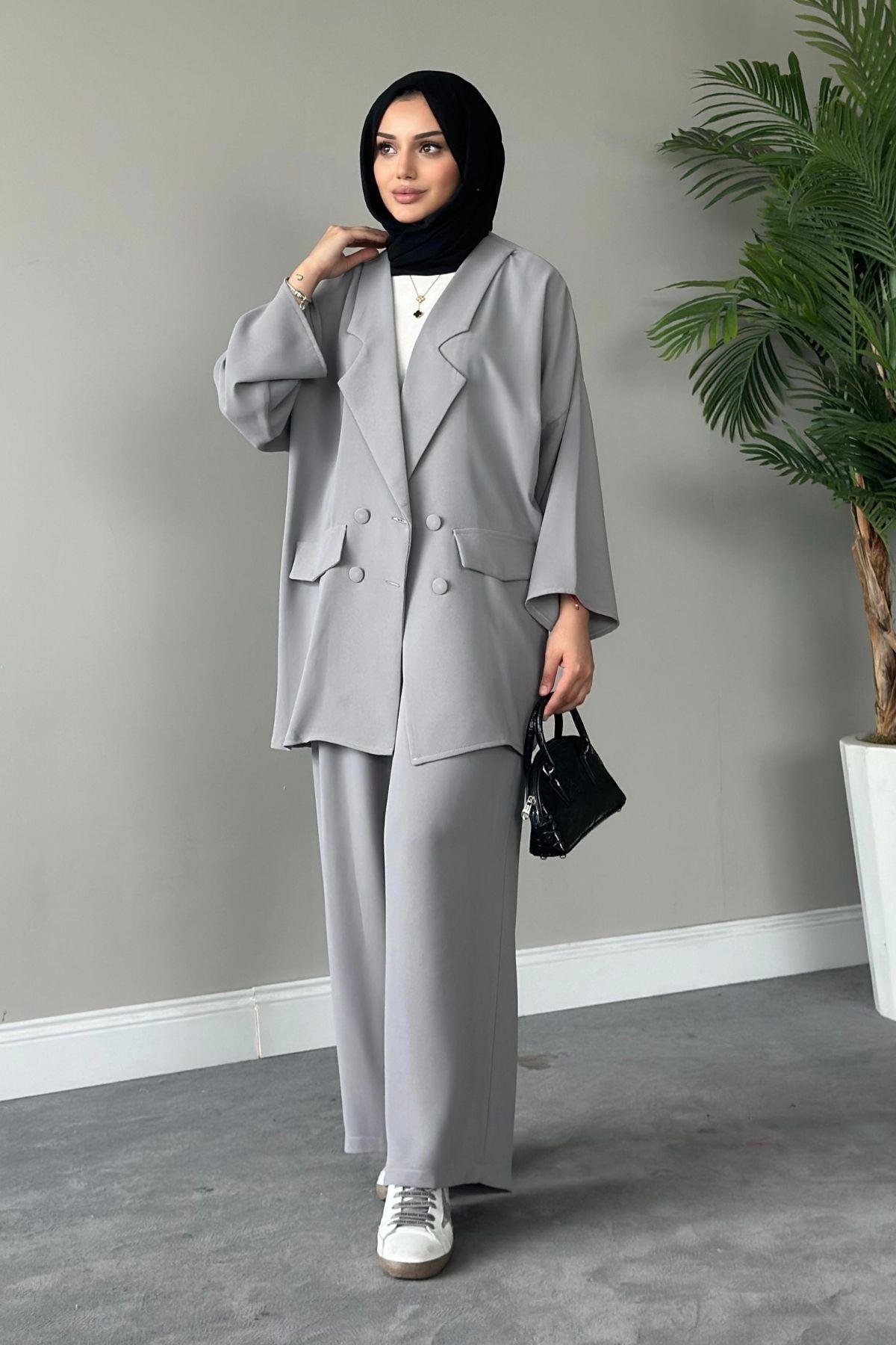 Stil Ceketli Takım Gri, Fiyatları Haza Moda | Tesettür Giyim | Stil Ceketli Takım Gri