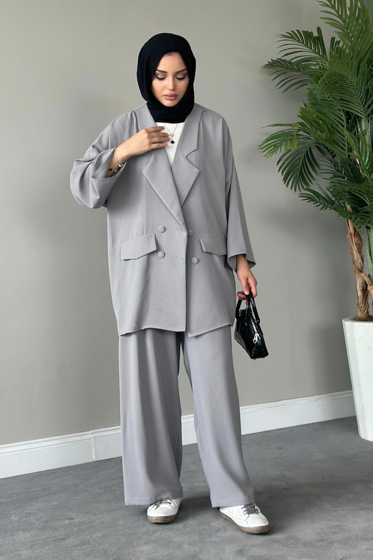 Stil Ceketli Takım Gri, Fiyatları Haza Moda | Tesettür Giyim | Stil Ceketli Takım Gri