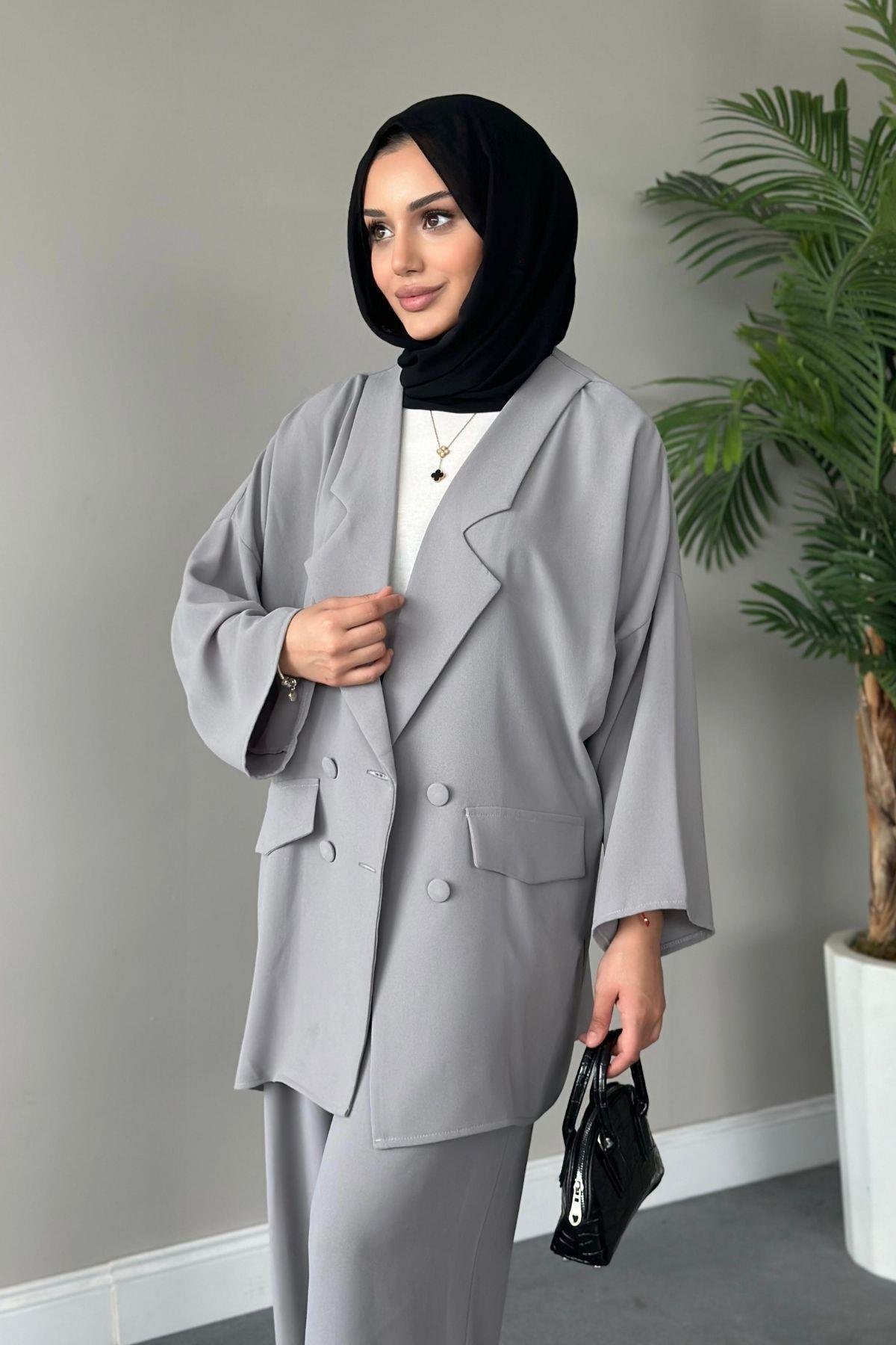 Stil Ceketli Takım Gri, Fiyatları Haza Moda | Tesettür Giyim | Stil Ceketli Takım Gri