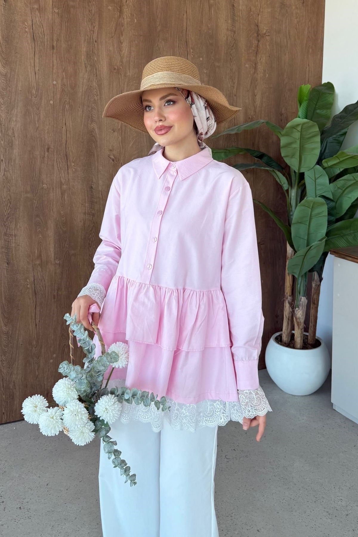 Sümbül Dantel Detay Gömlek Tunik Pembe, Fiyatları 