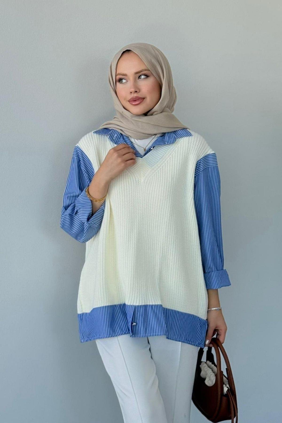 Süveterli Gömlek Ekru, Fiyatları Süveterli Gömlek Ekru - Haza Moda 