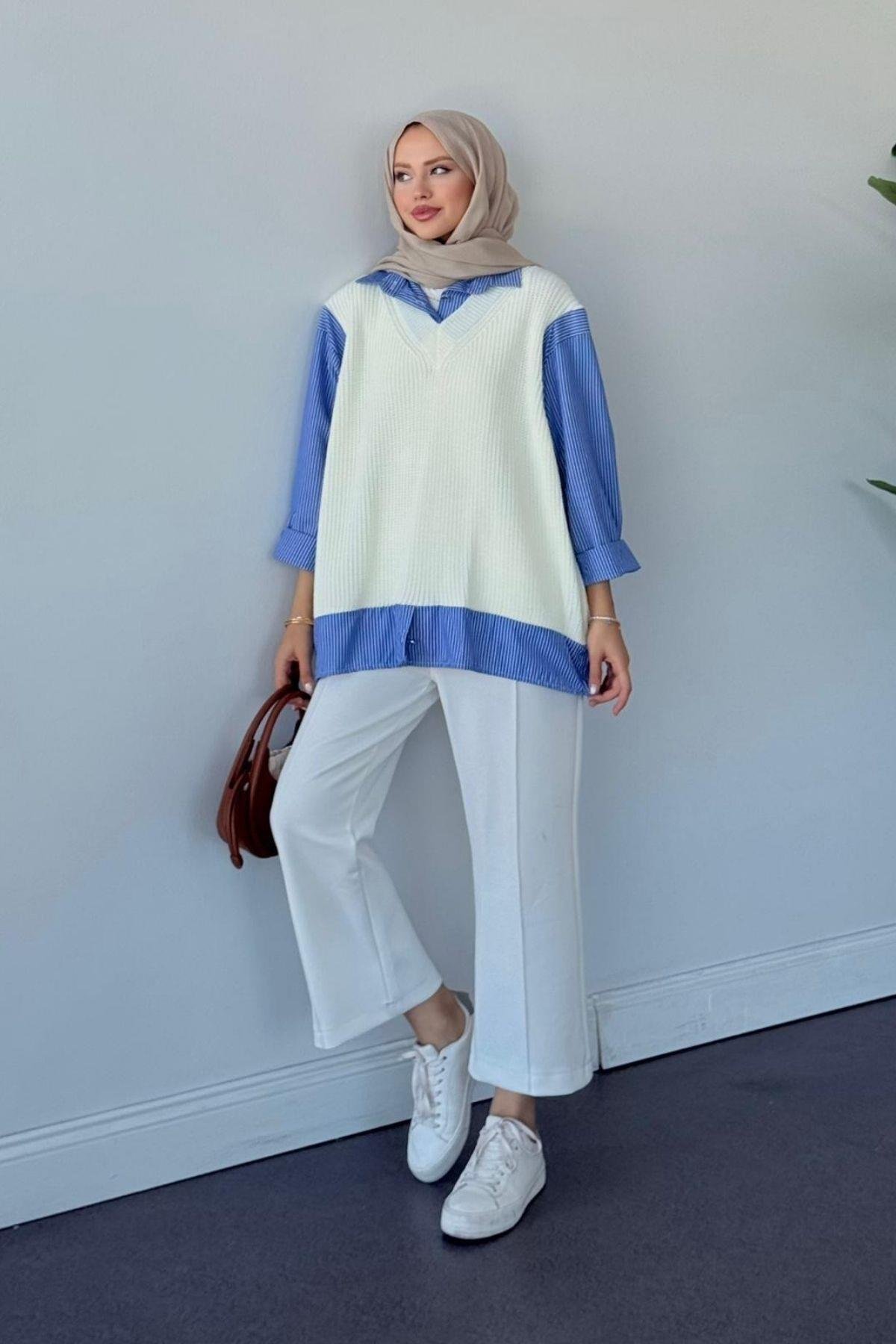 Süveterli Gömlek Ekru, Fiyatları Süveterli Gömlek Ekru - Haza Moda 