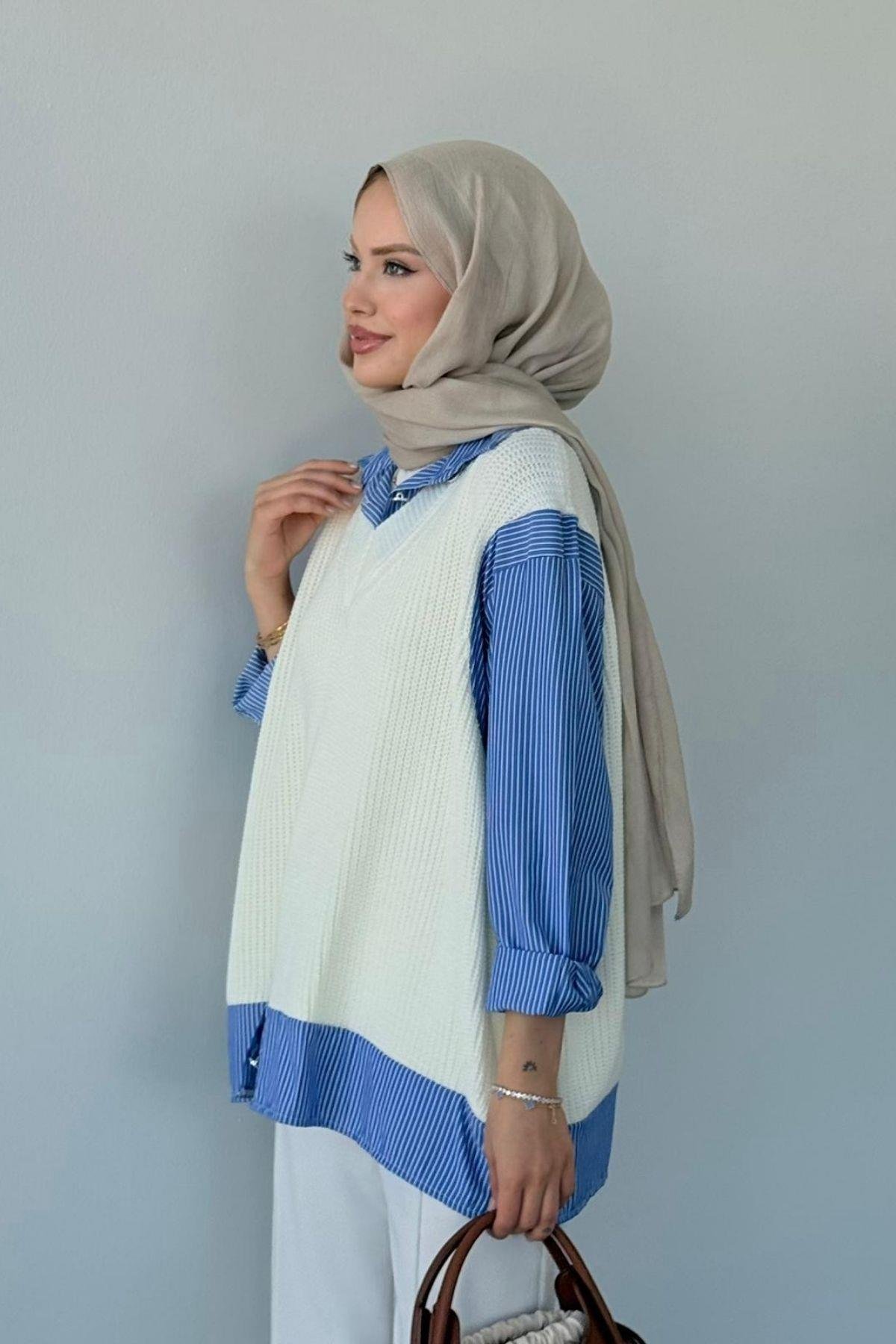 Süveterli Gömlek Ekru, Fiyatları Süveterli Gömlek Ekru - Haza Moda 