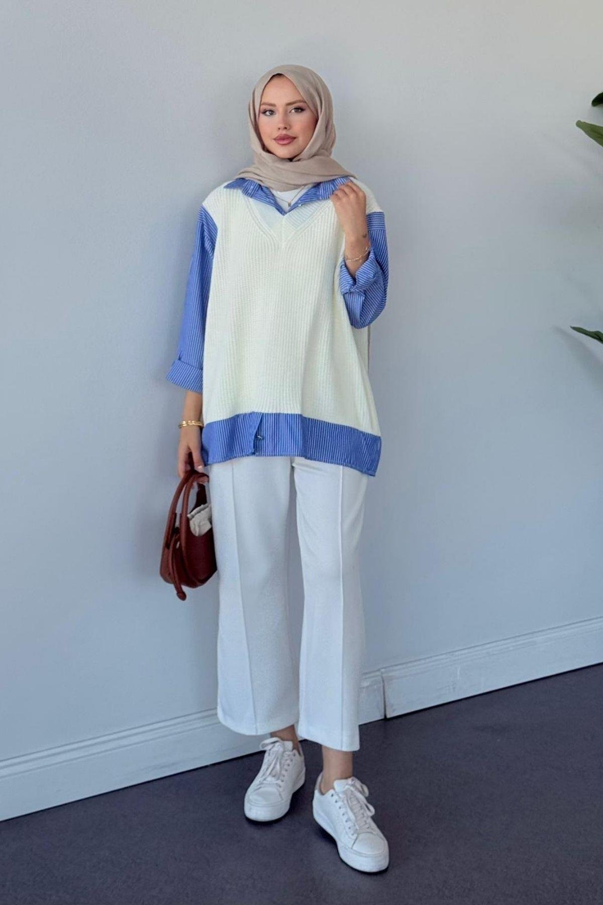 Süveterli Gömlek Ekru, Fiyatları Süveterli Gömlek Ekru - Haza Moda 