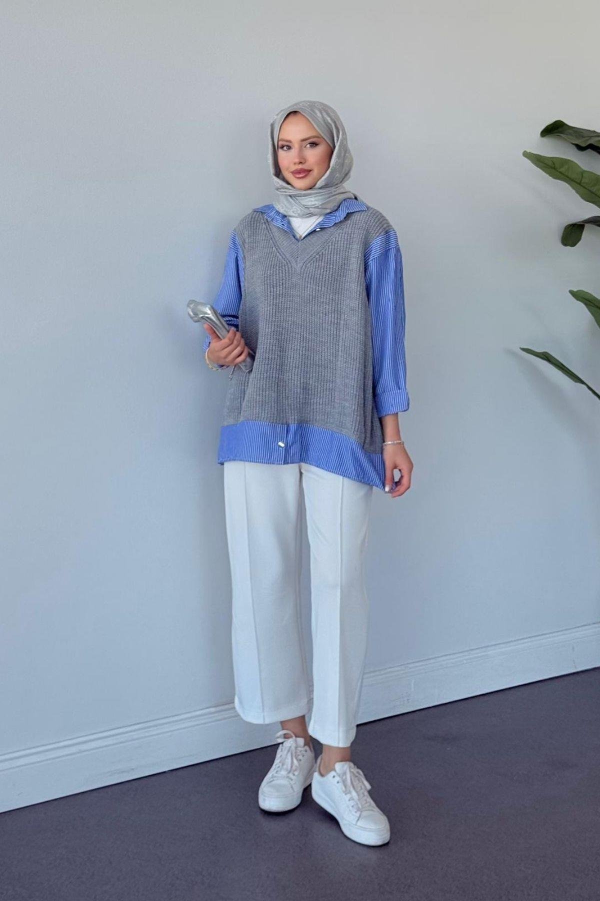 Süveterli Gömlek Gri, Fiyatları Süveterli Gömlek Gri - Haza Moda 