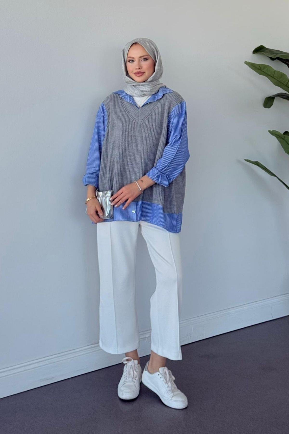 Süveterli Gömlek Gri, Fiyatları Süveterli Gömlek Gri - Haza Moda 