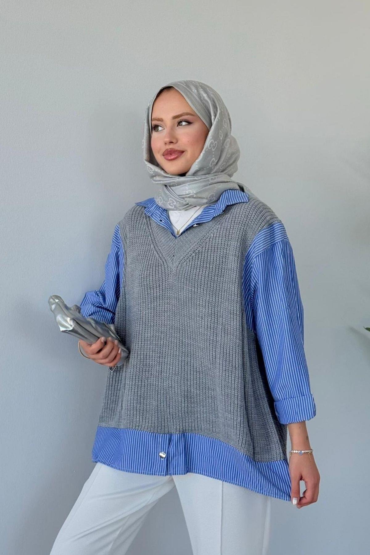 Süveterli Gömlek Gri, Fiyatları Süveterli Gömlek Gri - Haza Moda 