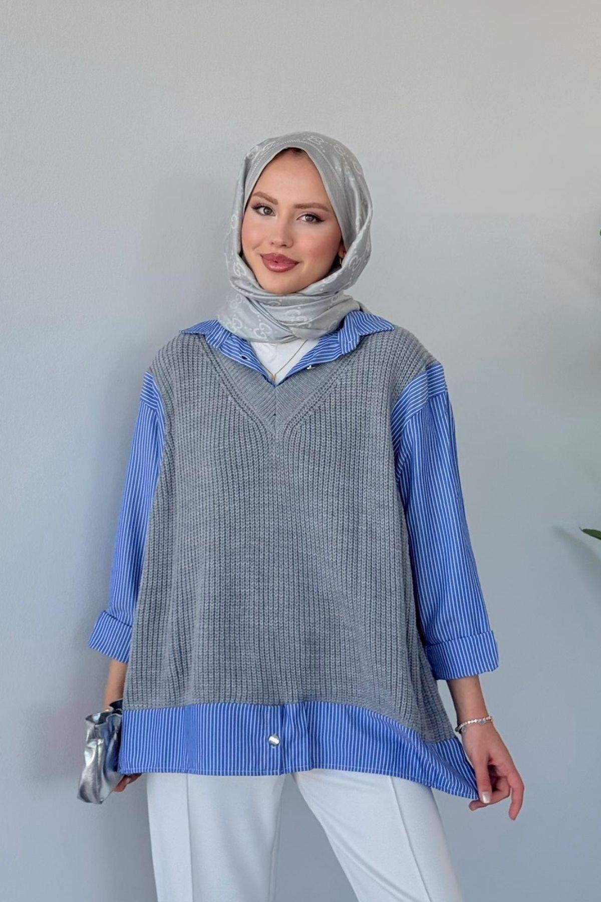 Süveterli Gömlek Gri, Fiyatları Süveterli Gömlek Gri - Haza Moda 