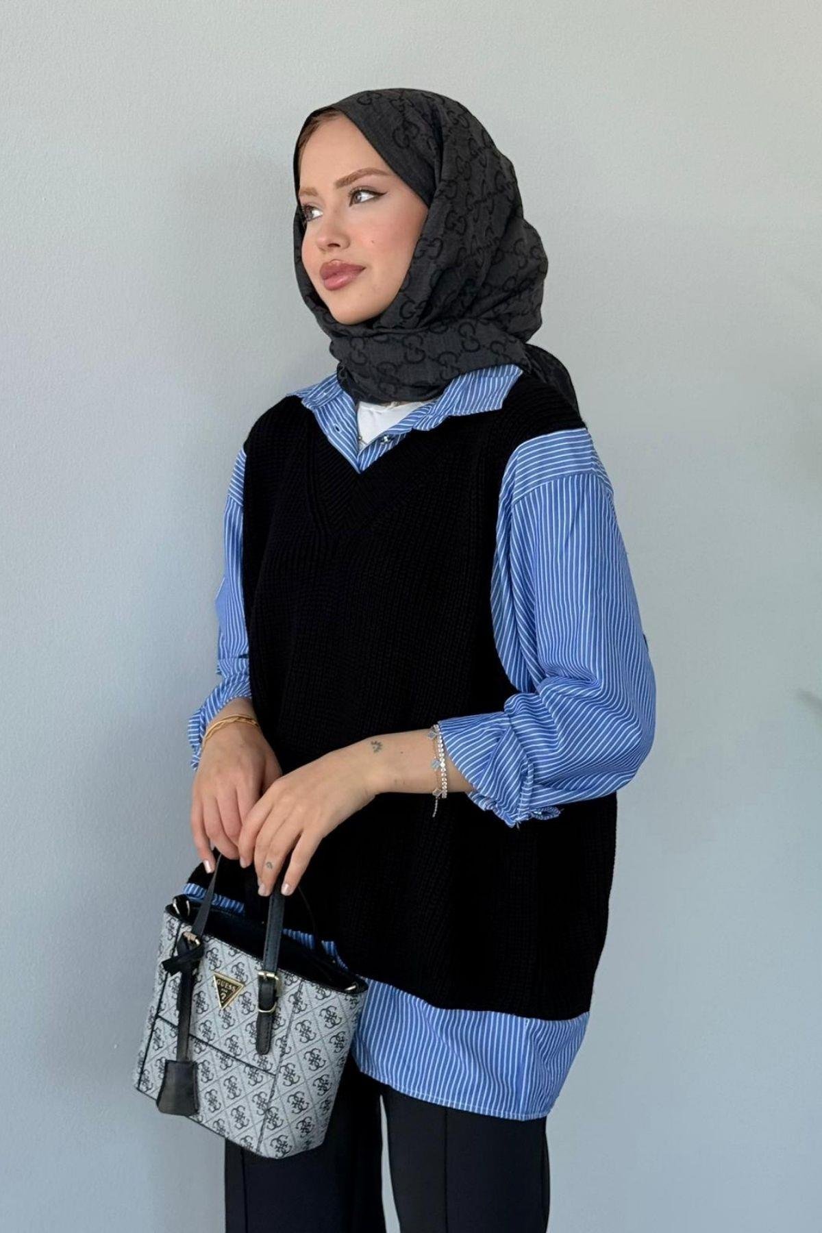 Süveterli Gömlek Siyah, Fiyatları Süveterli Gömlek Siyah - Haza Moda 