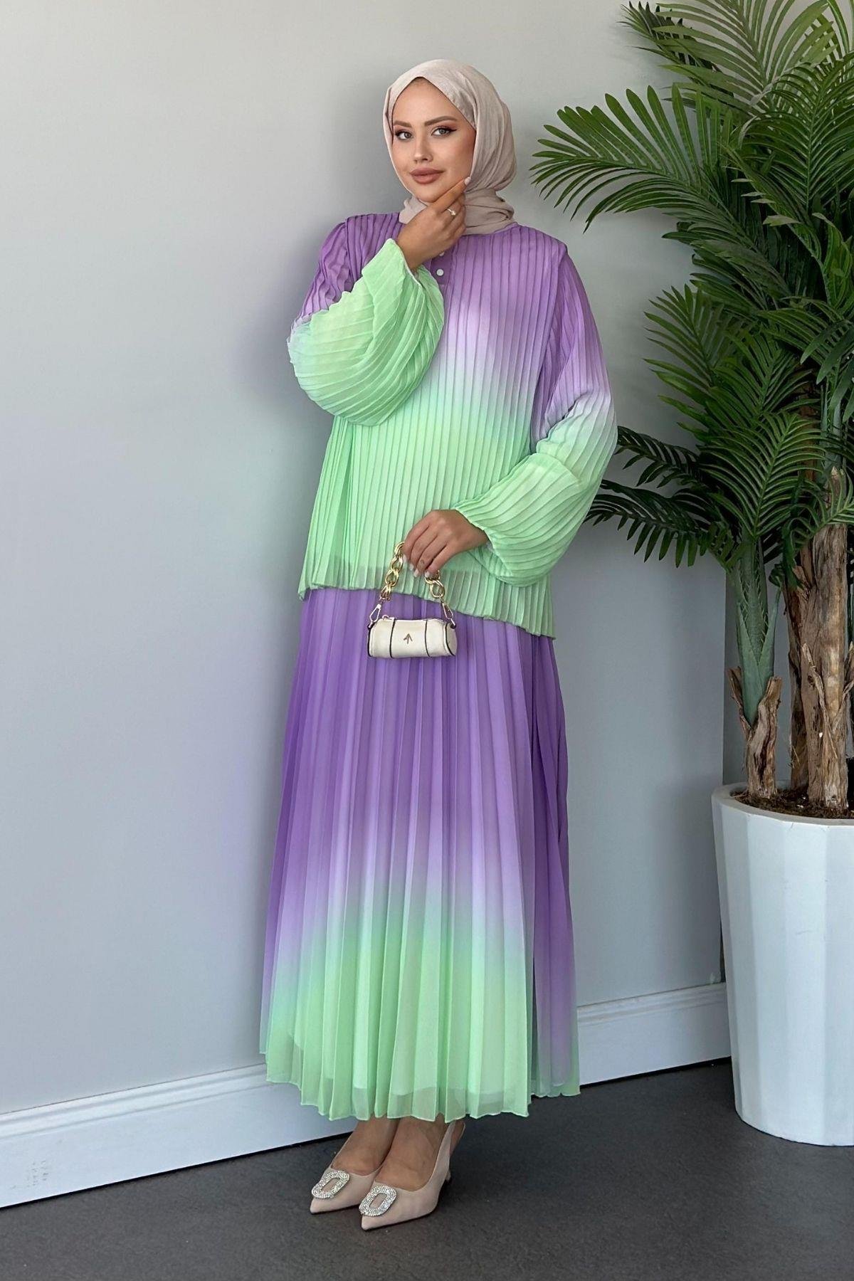 Suzi Piliseli Etekli Takım Su Yeşili, Fiyatları Haza Moda | Tesettür Giyim | Suzi Piliseli Etekli Takım Su Yeşili