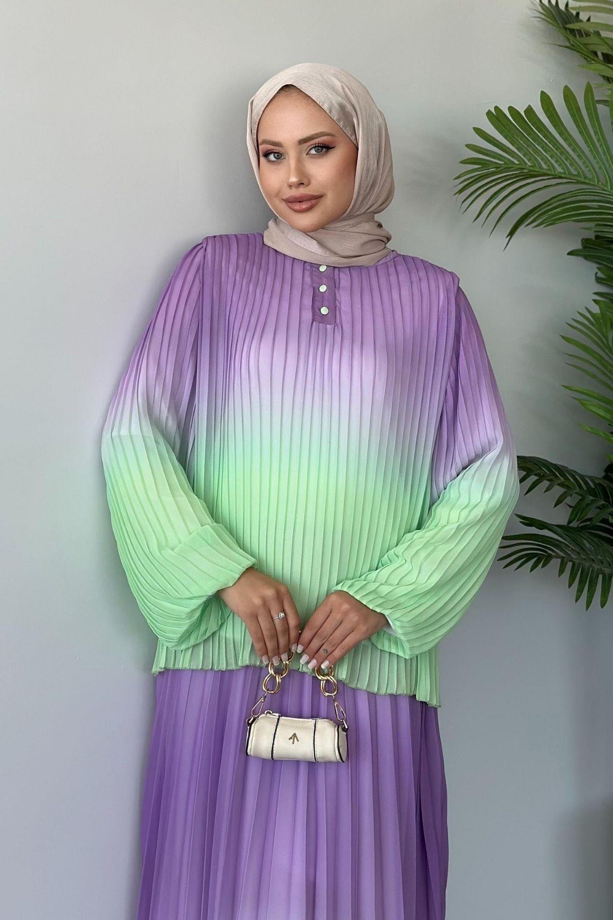 Suzi Piliseli Etekli Takım Su Yeşili, Fiyatları Haza Moda | Tesettür Giyim | Suzi Piliseli Etekli Takım Su Yeşili