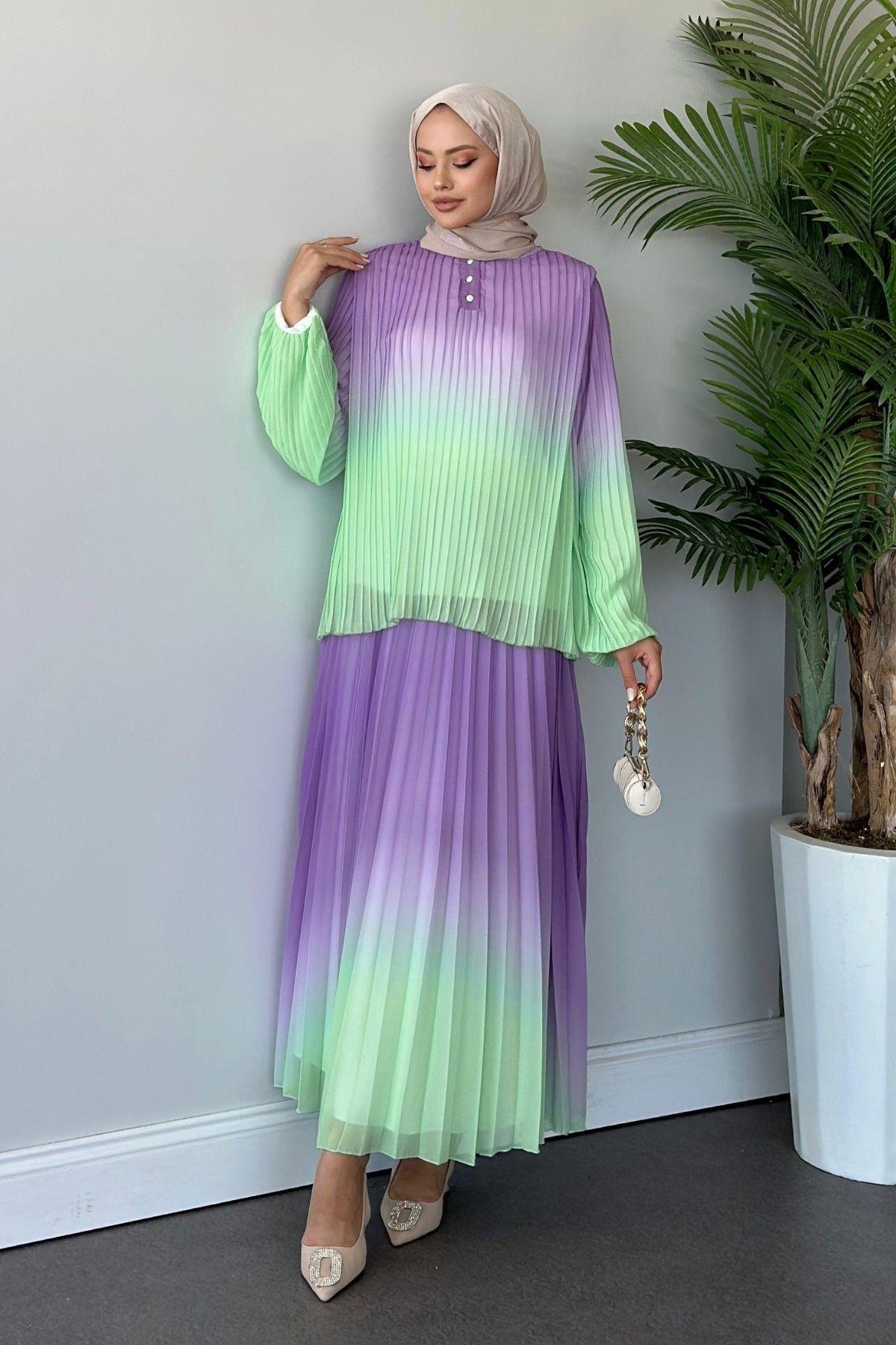 Suzi Piliseli Etekli Takım Su Yeşili, Fiyatları Haza Moda | Tesettür Giyim | Suzi Piliseli Etekli Takım Su Yeşili