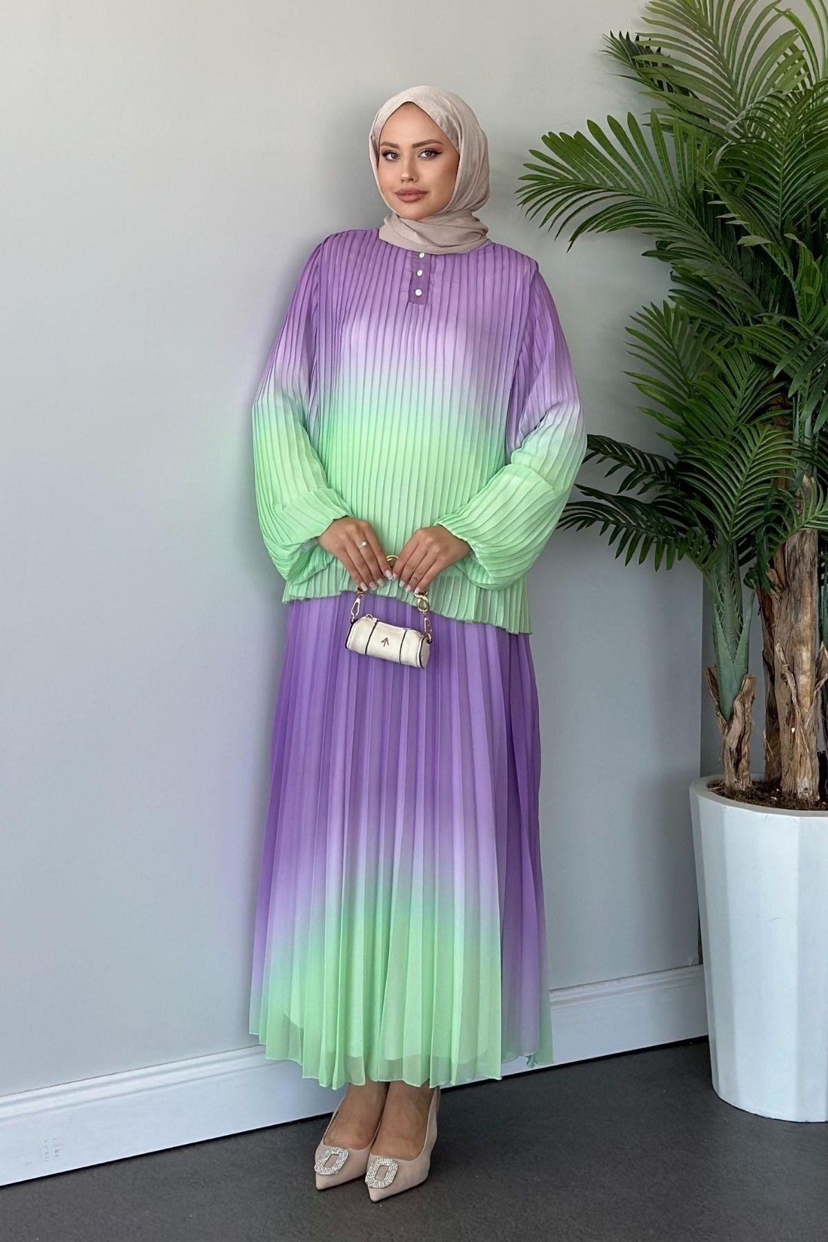 Suzi Piliseli Etekli Takım Su Yeşili, Fiyatları Haza Moda | Tesettür Giyim | Suzi Piliseli Etekli Takım Su Yeşili