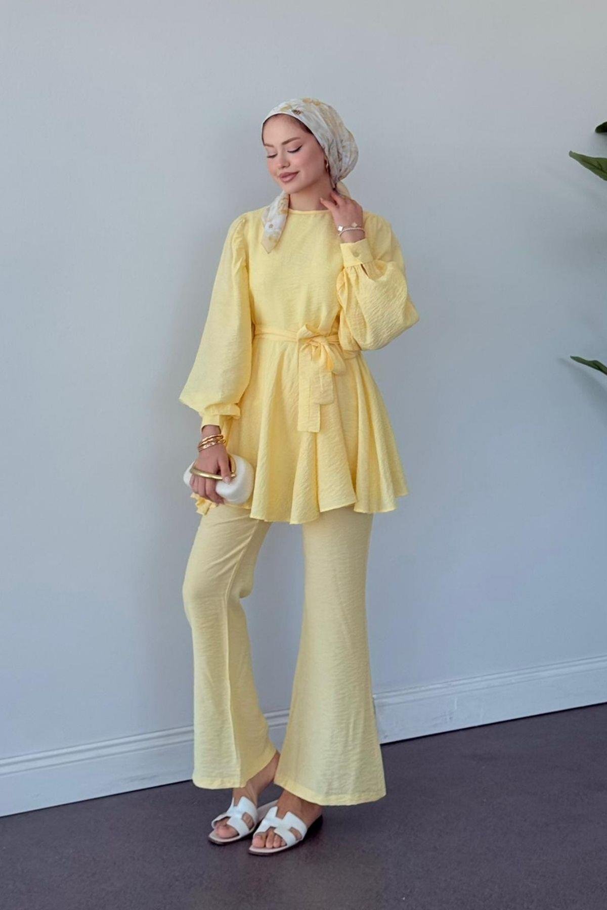 Tanya İkili Takım Sarı, Fiyatları Oscar Büzgülü Takım HAKİ- Haza Moda 