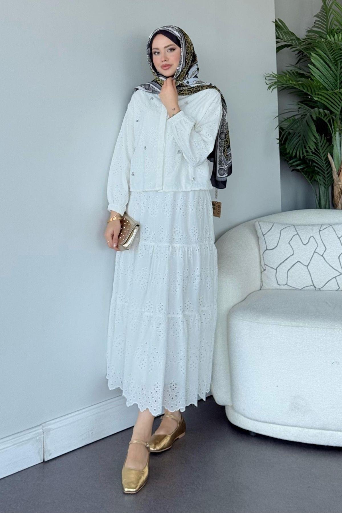 Taş Detaylı Güpür Etekli Takım Beyaz, Fiyatları 