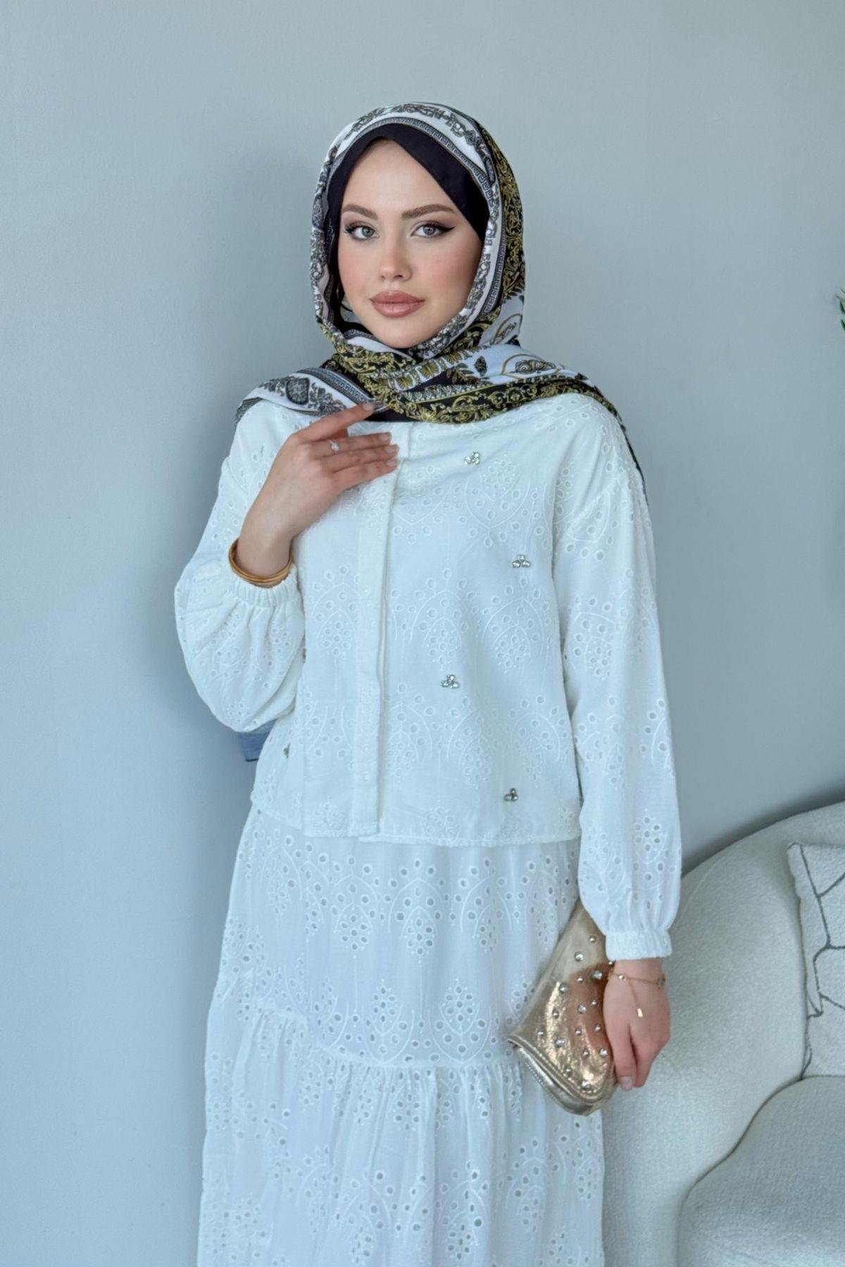 Taş Detaylı Güpür Etekli Takım Beyaz, Fiyatları 