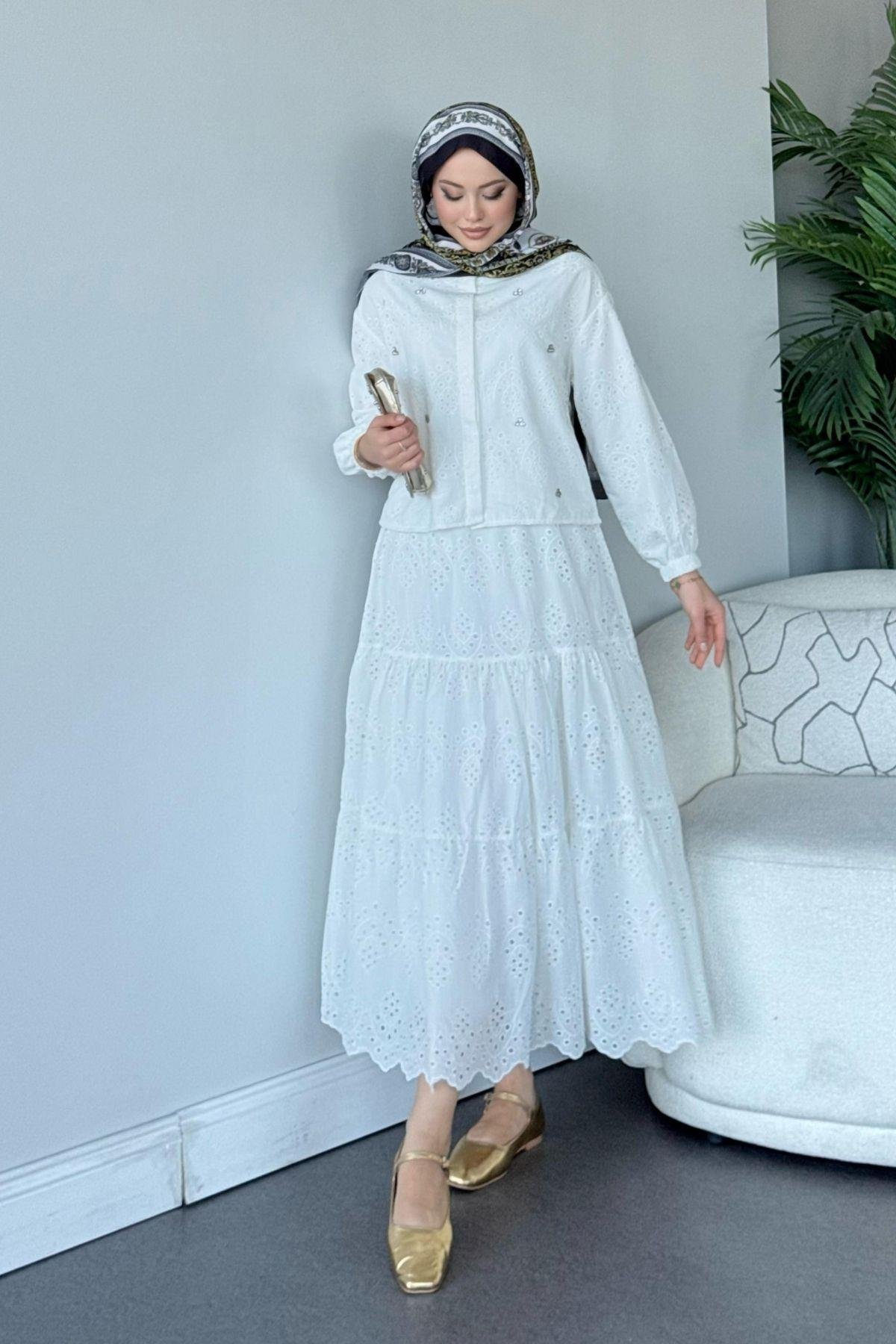 Taş Detaylı Güpür Etekli Takım Beyaz, Fiyatları 