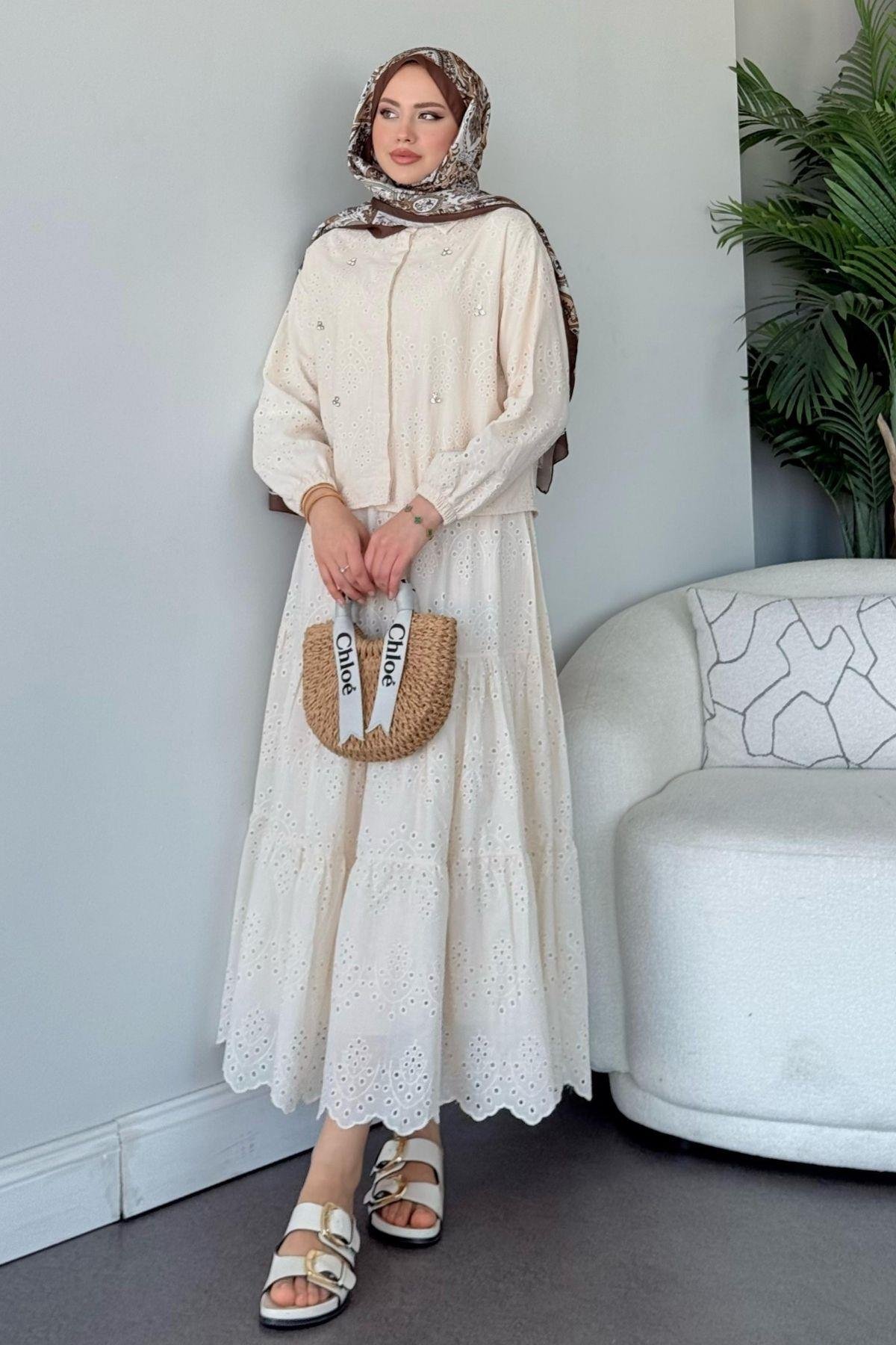 Taş Detaylı Güpür Etekli Takım Ekru, Fiyatları 