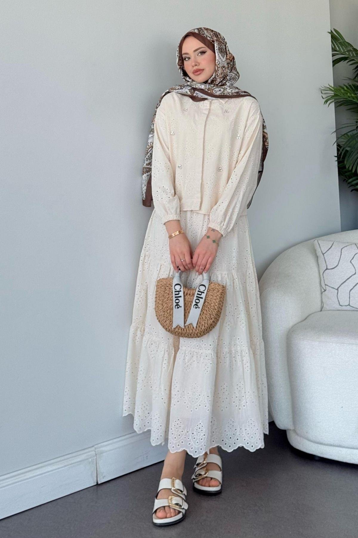 Taş Detaylı Güpür Etekli Takım Ekru, Fiyatları 