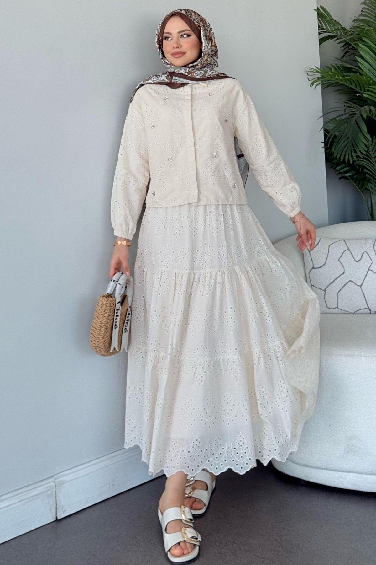 Taş Detaylı Güpür Etekli Takım Ekru, Fiyatları 