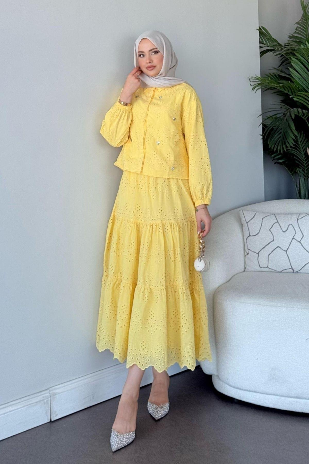 Taş Detaylı Güpür Etekli Takım Sarı, Fiyatları 