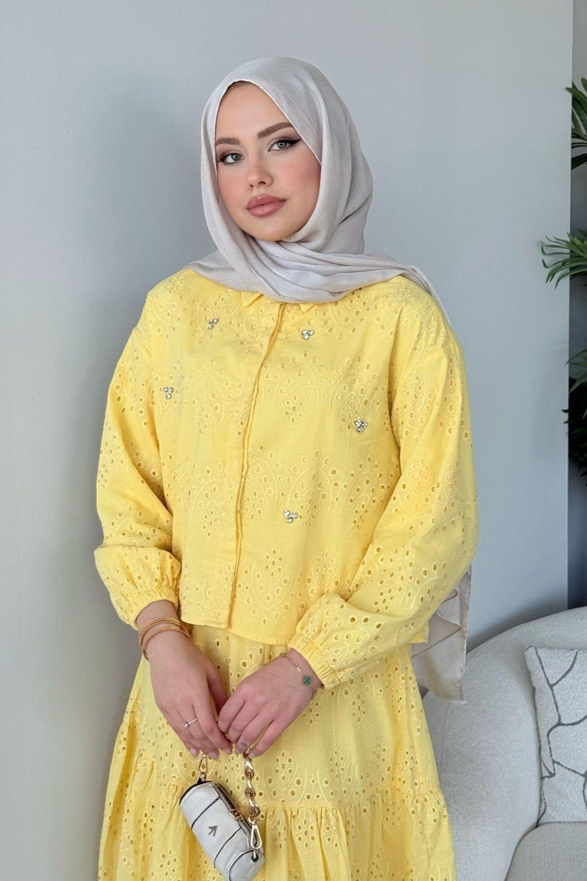 Taş Detaylı Güpür Etekli Takım Sarı, Fiyatları 