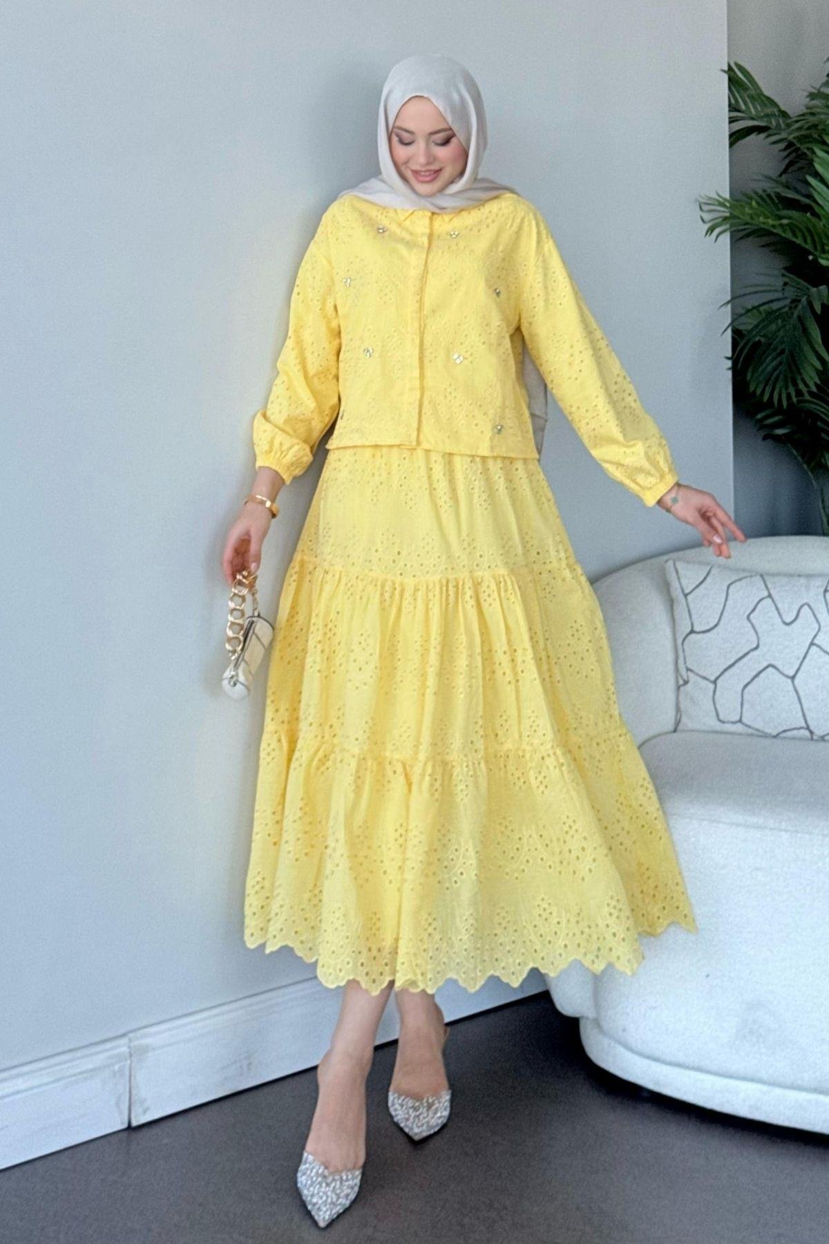 Taş Detaylı Güpür Etekli Takım Sarı, Fiyatları 