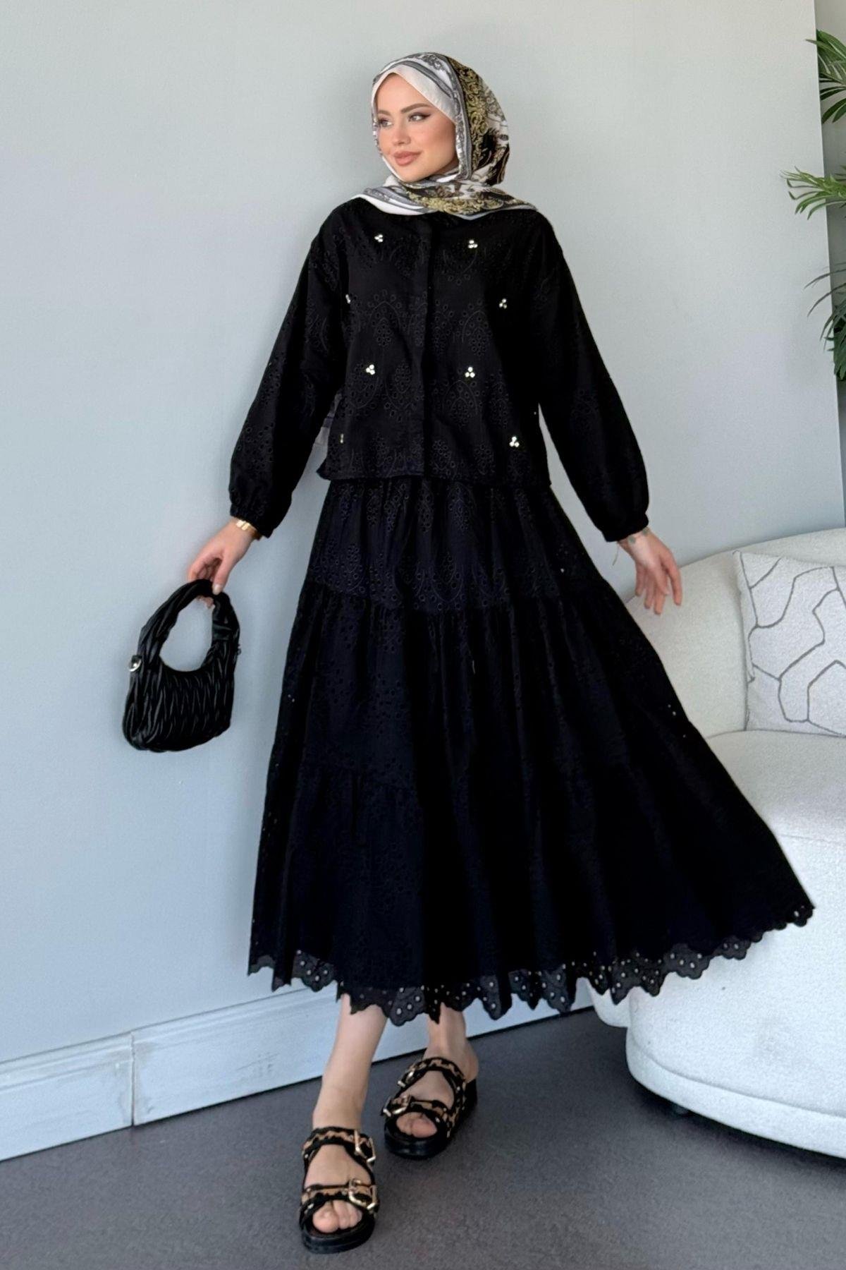 Taş Detaylı Güpür Etekli Takım Siyah, Fiyatları 