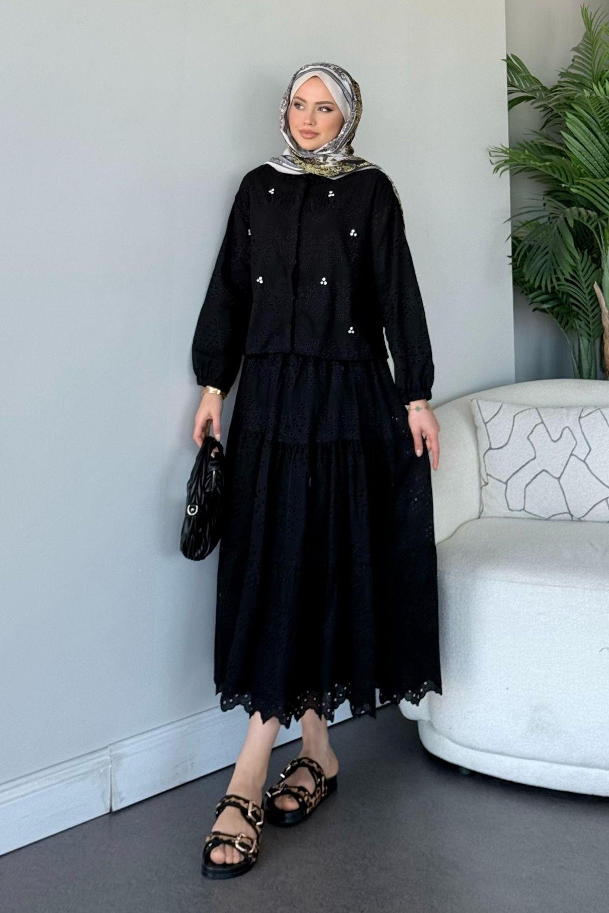 Taş Detaylı Güpür Etekli Takım Siyah, Fiyatları 