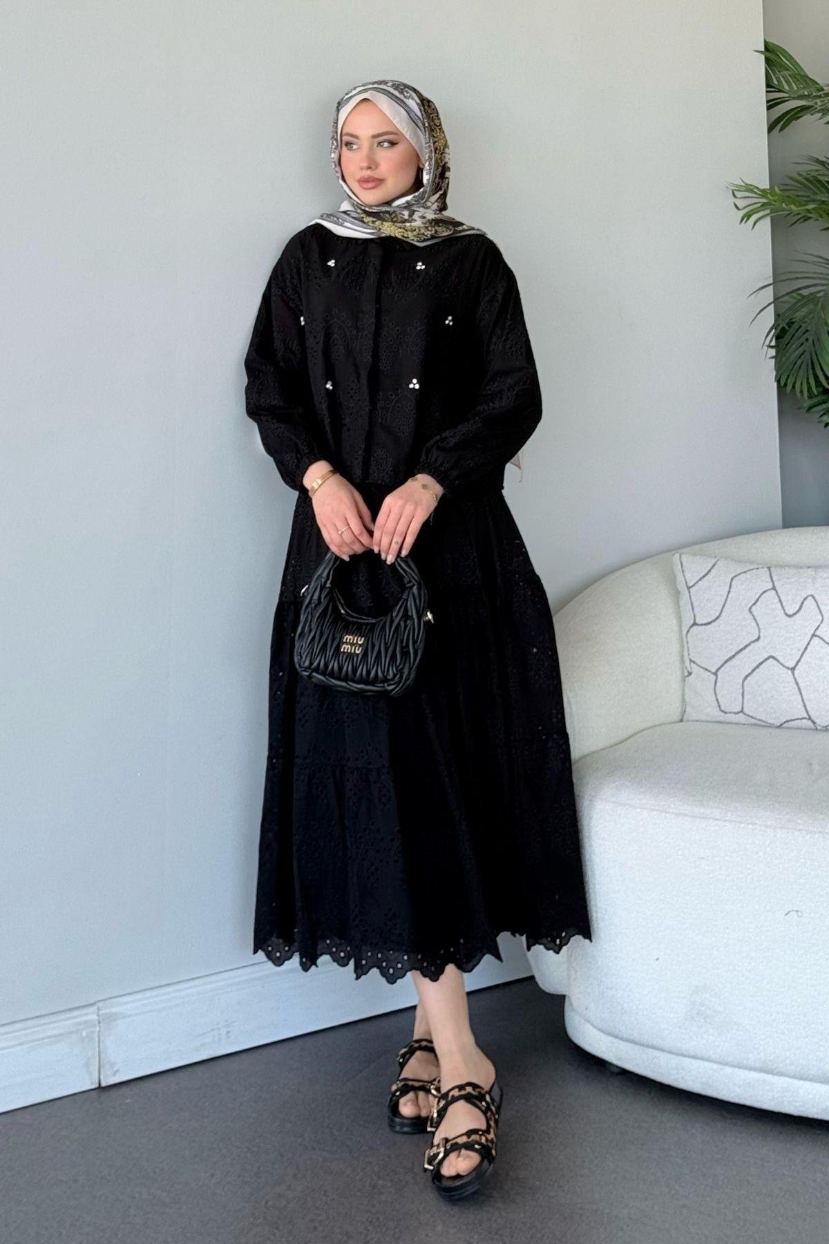 Taş Detaylı Güpür Etekli Takım Siyah, Fiyatları 