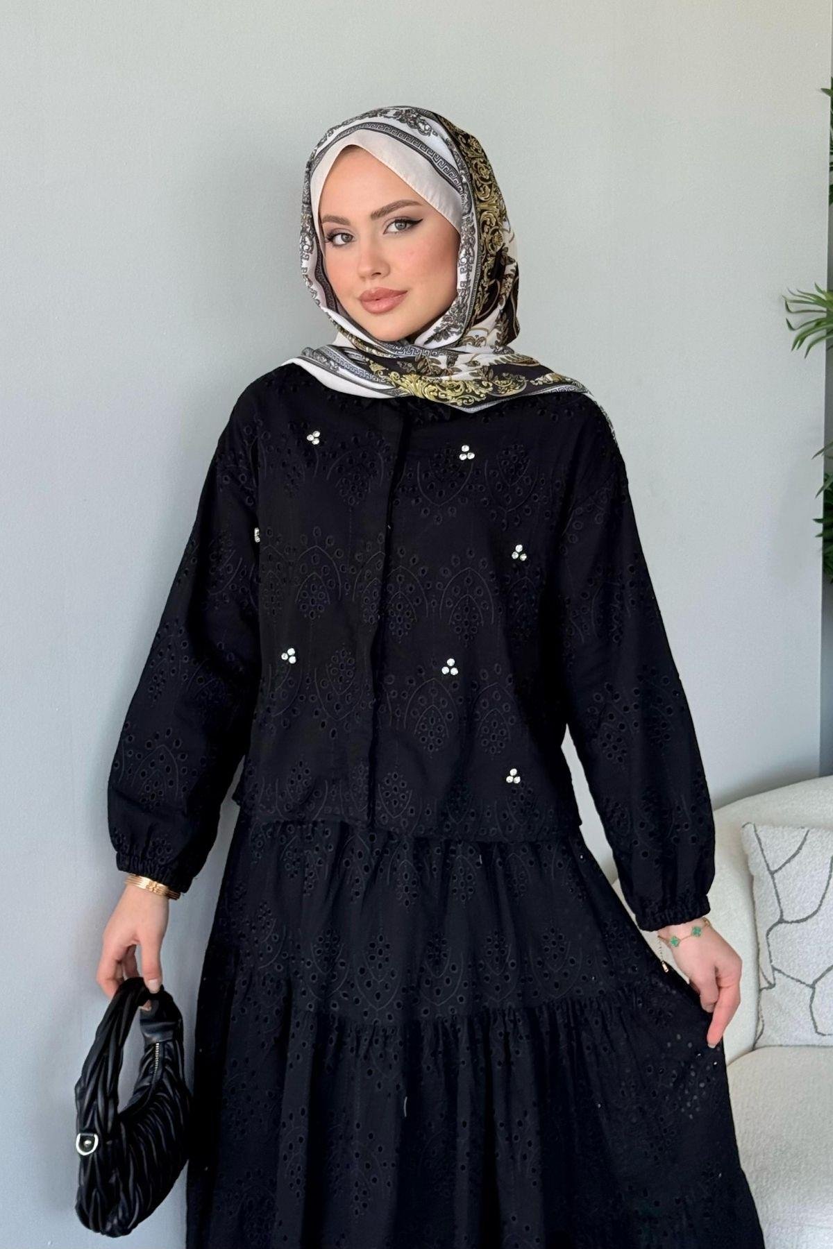 Taş Detaylı Güpür Etekli Takım Siyah, Fiyatları 