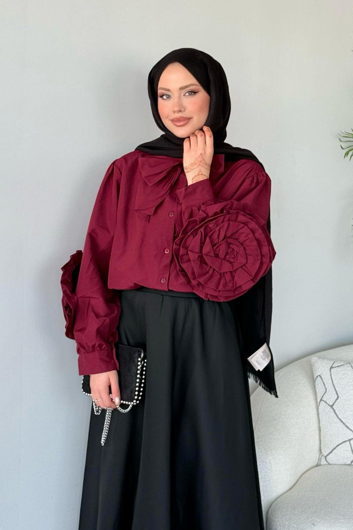 Tasarım Güllü Gömlek Bordo, Fiyatları 