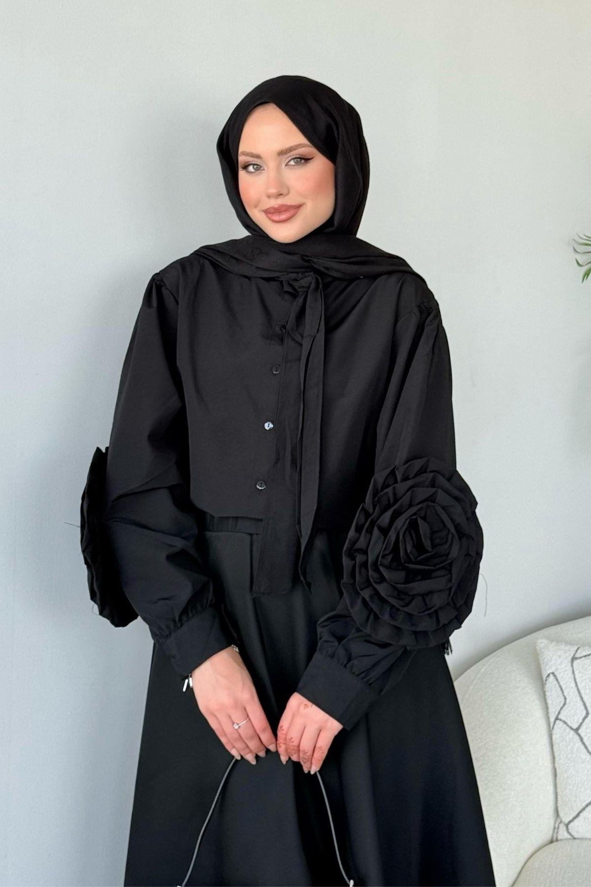 Tasarım Güllü Gömlek Siyah, Fiyatları 